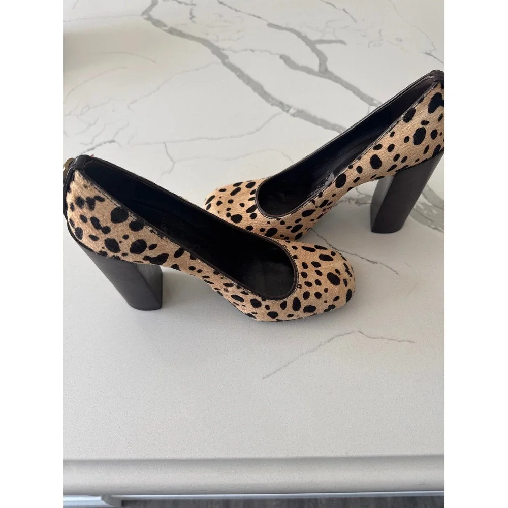 Tory Burch Leopard Print Calf Hair Block Heel Pumps Brown Tan Square Toe Shoes